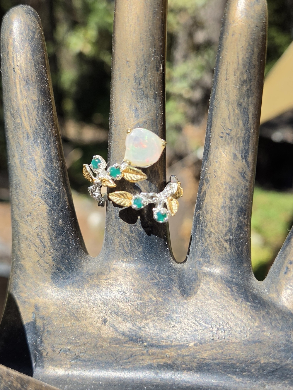 Opal & Green Onyx Leaf Ring Sterling & Gold Sz10 Adjustable